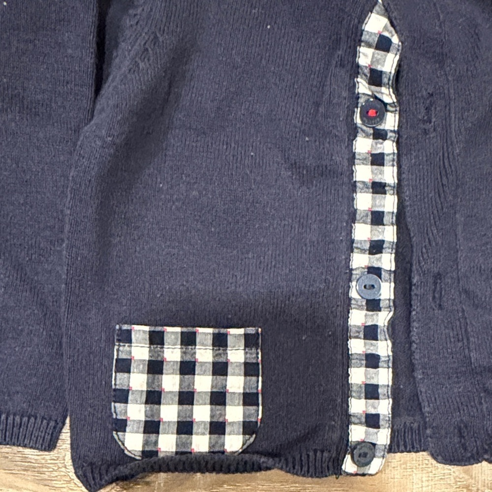Absorba Navy Blue Kids Cardigan with Checkered Pockets - Picture 3 of 4